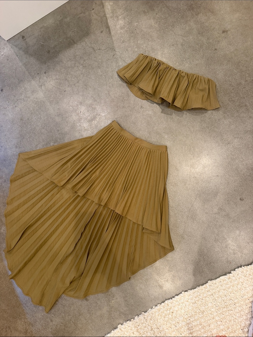 12th Tribe Olive Tan Pleated Tiered Midi Skirt Set
